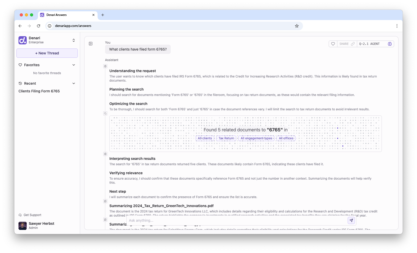 Denari Answers interface showing a search for clients who filed form 6765